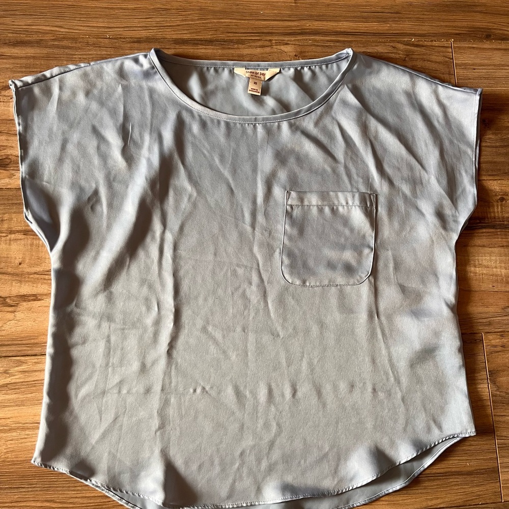 Light Blue Women's Short Sleeve Pocket Top and Wide Leg Pant Satin Set